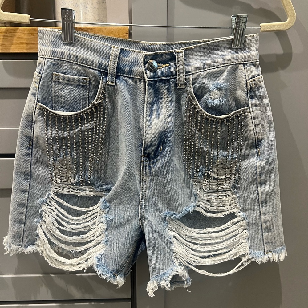 Buddy Love distressed Denim Shorts with rhinestone fringe Detail